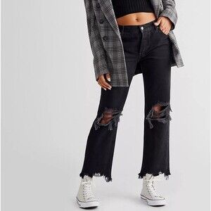 FREE PEOPLE WE THE FREE Maggie Mid-Rise Straight-Leg Jeans Black Grunge Baggy 28